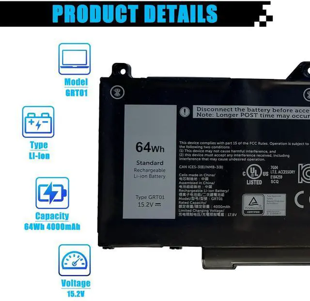 Alt view image 2 of 5 - AOMKA GRT01 64Wh Laptop Battery Replacement for Dell Latitude 5421 5431 5521 5531 Precision 3470 3561 3571 3581 3591 Mobile Workstation Alienware M17 R5 AMD Gaming 05RGW 0GRT01 0R05P0 00P3TJ 0VXD57