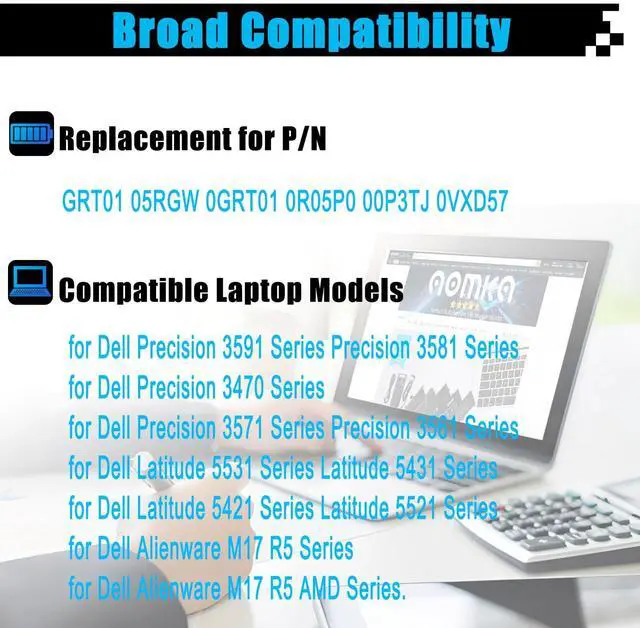 Alt view image 3 of 5 - AOMKA GRT01 64Wh Laptop Battery Replacement for Dell Latitude 5421 5431 5521 5531 Precision 3470 3561 3571 3581 3591 Mobile Workstation Alienware M17 R5 AMD Gaming 05RGW 0GRT01 0R05P0 00P3TJ 0VXD57