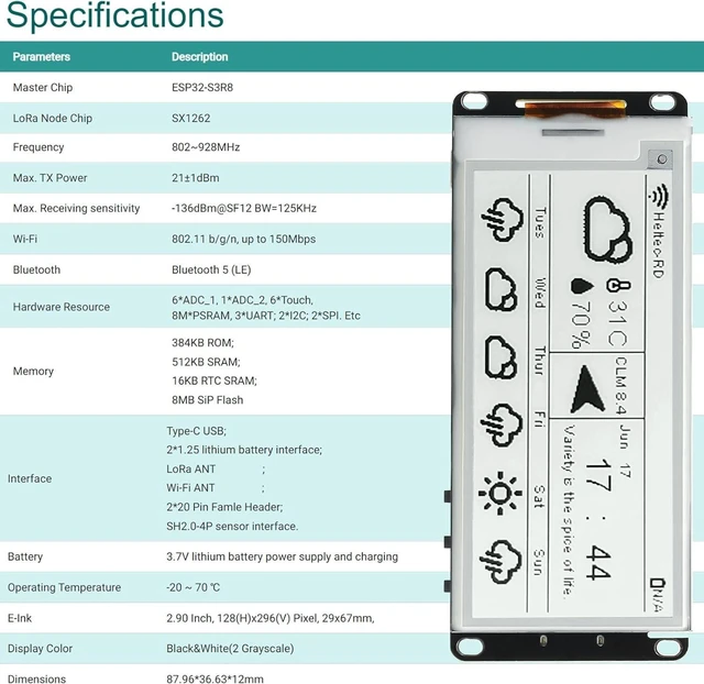 Alt view image 5 of 5 - Vision Master E290 Development Board with 2.9" E-Ink Display Screen, SX1262 Chip BLE WiFi ESP32-S3R8 LoRa Module Compatible with Arduino PlatformIO Micpython Meshtastic Raspberry PI IoT902-928MH