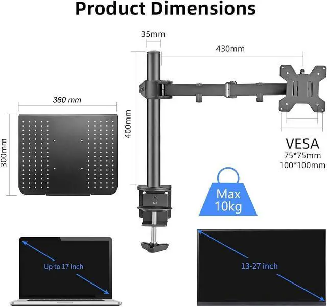 Alt view image 2 of 5 - Suptek Single Laptop Notebook Desk Mount with Tray for 13-27 inch Computer Screen, Fully Adjustable Laptop Desk Arm for Notebook up to 17, Weight up to 15.6 lbs