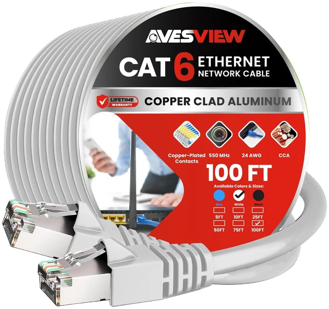 Main image of AvesView CAT 6 Shielded 100 FT Ethernet Cable, Indoor High-Speed (SFTP) 10Gbps Shielded 100 Foot Ethernet Cable for Internet, Router, Computer, PlayStation, Xbox (White, 100FT)