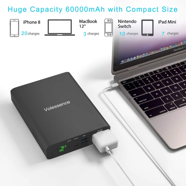 Alt view image 3 of 5 - Volessence 60000mAh AC 130W Outlet Laptop Power Bank, 110V Portable Charger
