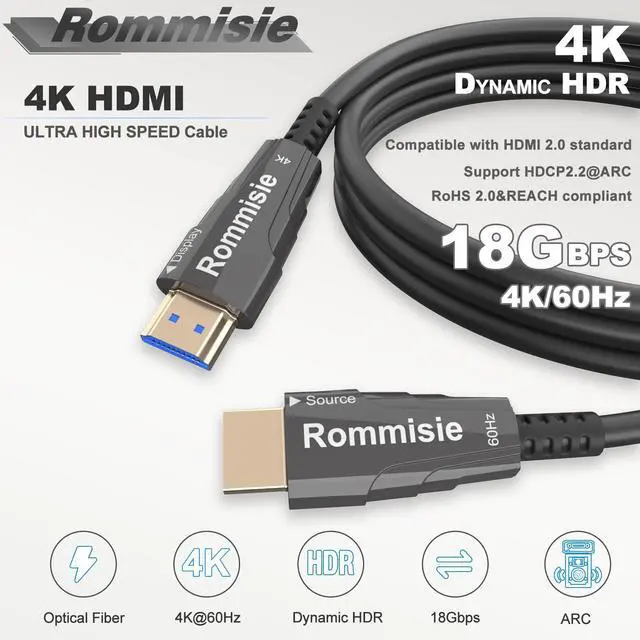 Alt view image 2 of 5 - Rommisie 4K HDMI 300FT Cable Fiber Optic, HDMI 2.0,18Gbps 4K@60Hz (4:4:4 HDR10 HDCP2.2 ARC CEC) Ultra HD One-Direction Cord Ethernet Audio Return Compatible with UHD TV Monitor Laptop Xbox PS4/PS5 ect