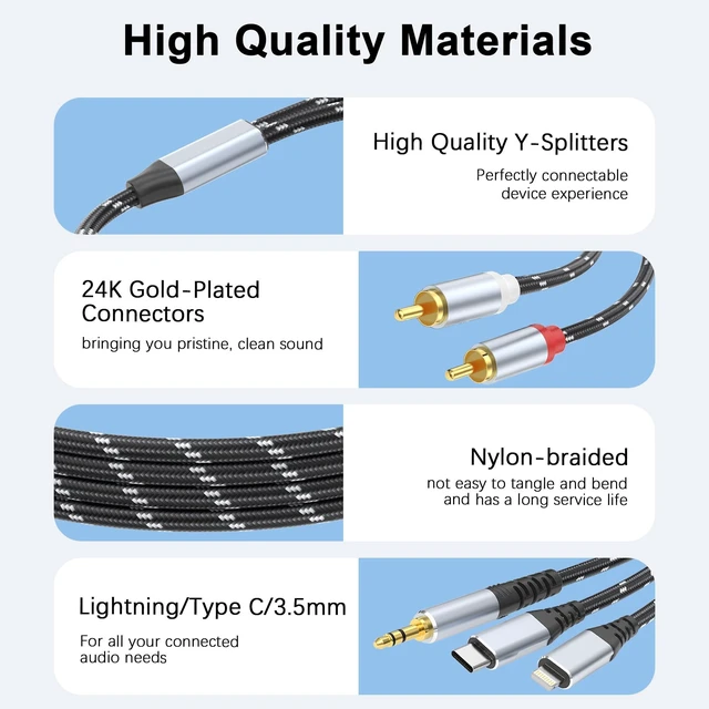 Alt view image 3 of 5 - DCNETWORK 3.5mm to RCA Cable, Lightning to RCA Male to Aux Audio Adapter HiFi Sound Headphone Jack Adapter,(3 in 1 Audio Cable) Connector for iPhone/iPad Speaker MP3 Tablet HDTV(15FT)