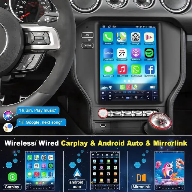 Alt view image 2 of 5 - 4+64 8-core Android 13 Car Radio for Ford Mustang 2015-2023, 10.4 Inch IPS Touch Screen Car Stereo with Wireless Carplay/Android Auto,GPS, WiFi, Bluetooth,FM, Backup Camera, DSP, DVR