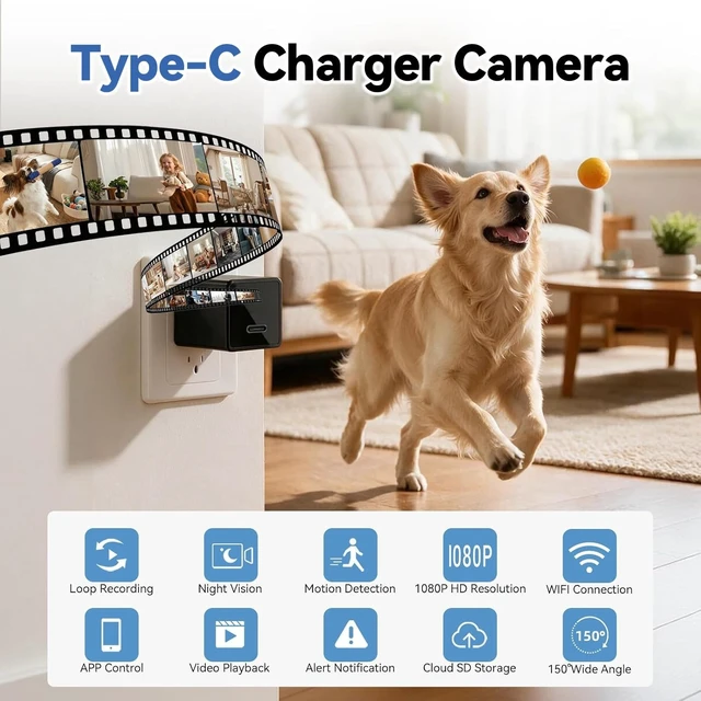 Alt view image 2 of 5 - DTCRCH 1080p HD Wireless WiFi Charger Indoor Camera for Home Security with 2.4G/5G WiFi,App Control & Motion Detection,Wide-Angle 150 Phone Charger Camera with Night Vision & Loop Recording