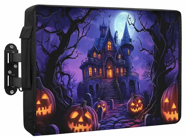 Main image of Halloween Outdoor TV Cover 65 Inch Purple Grimace Pumpkin TV Enclosure Moon Castle Scary Night TV Covers for Outside TV Display Screen Protector with Remote Control Pocket Home Fall Decor