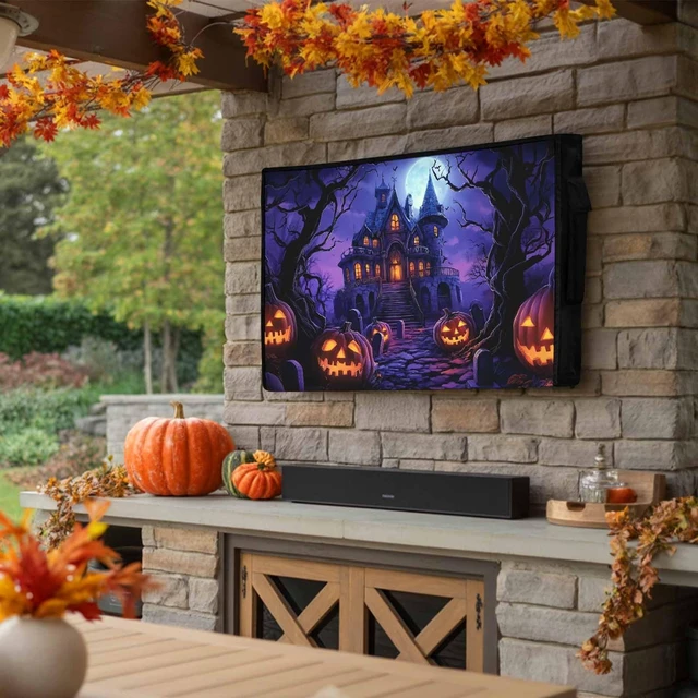 Alt view image 2 of 5 - Halloween Outdoor TV Cover 65 Inch Purple Grimace Pumpkin TV Enclosure Moon Castle Scary Night TV Covers for Outside TV Display Screen Protector with Remote Control Pocket Home Fall Decor