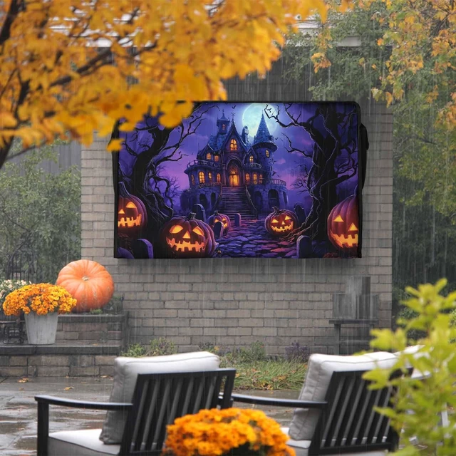 Alt view image 3 of 5 - Halloween Outdoor TV Cover 65 Inch Purple Grimace Pumpkin TV Enclosure Moon Castle Scary Night TV Covers for Outside TV Display Screen Protector with Remote Control Pocket Home Fall Decor