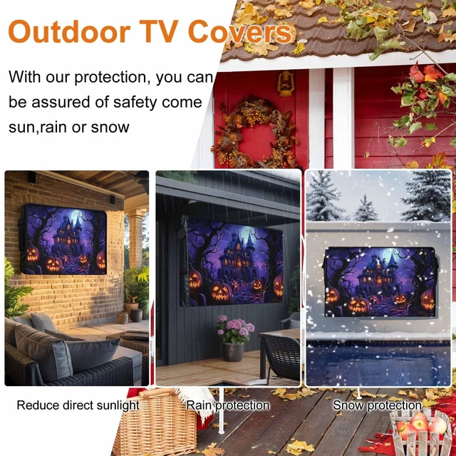Alt view image 4 of 5 - Halloween Outdoor TV Cover 65 Inch Purple Grimace Pumpkin TV Enclosure Moon Castle Scary Night TV Covers for Outside TV Display Screen Protector with Remote Control Pocket Home Fall Decor