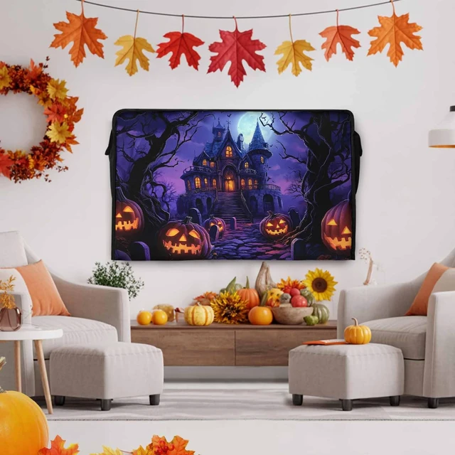 Alt view image 5 of 5 - Halloween Outdoor TV Cover 65 Inch Purple Grimace Pumpkin TV Enclosure Moon Castle Scary Night TV Covers for Outside TV Display Screen Protector with Remote Control Pocket Home Fall Decor