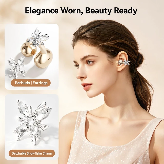 Alt view image 2 of 5 - WUYUEGE Clip On Earbuds with Detachable Butterfly Earrings & LED Makeup Mirror Case, Wireless Earbuds Bluetooth 6.0, Air Conduction Headphones, Lightweight for Travel Work Daily Use,Great Gift