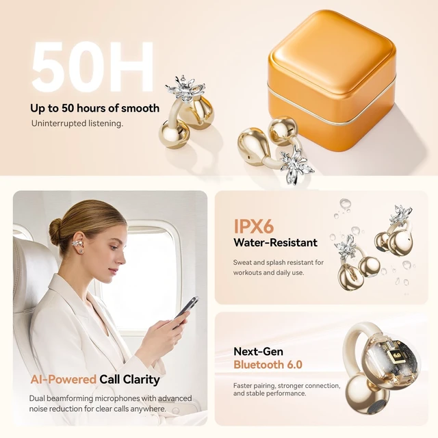 Alt view image 3 of 5 - WUYUEGE Clip On Earbuds with Detachable Butterfly Earrings & LED Makeup Mirror Case, Wireless Earbuds Bluetooth 6.0, Air Conduction Headphones, Lightweight for Travel Work Daily Use,Great Gift