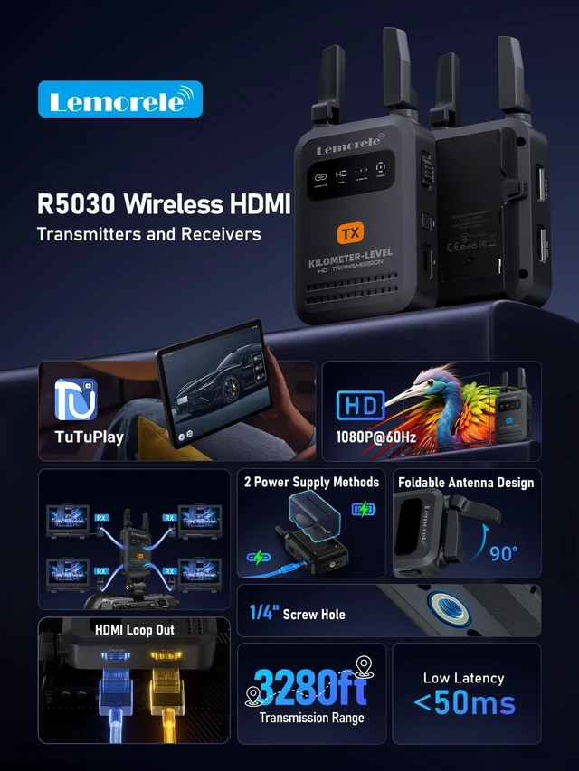 Alt view image 3 of 5 - Lemorele Wireless HDMI Transmitter Receiver 1080P 50ms Low Latency 3280ft