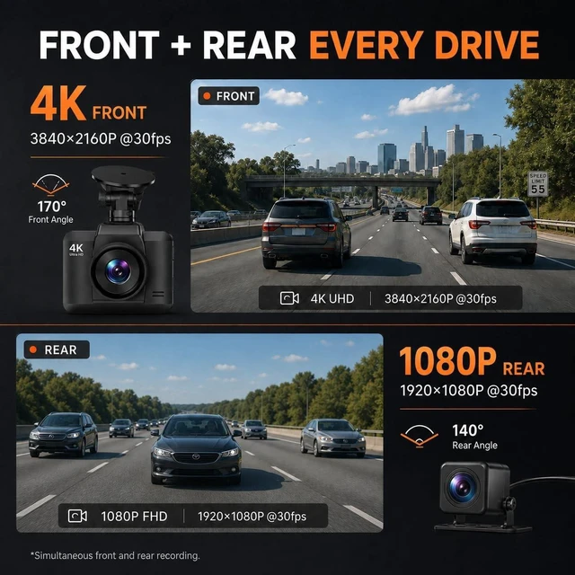 Alt view image 3 of 5 - Dash Cam Front and Rear, Ecomoment 4K +1080P Dash Camera for Cars