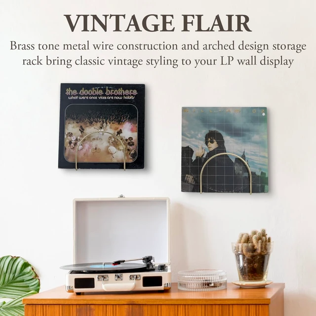 Alt view image 2 of 5 - MyGift Modern Wall Mounted Metal Wire Vinyl LP Record Storage Holder with Matte Black Finish, Album Sleeve Display Rack, Set of 2 (Brass)
