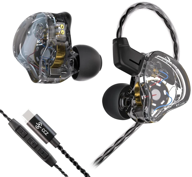 Main image of YINYOO CCZ Melody USB C Headphones Wired Earbuds, Type-C Wired Gaming Earphones with Noise Cancelling, 1BA 1DD, Patent Ear fins, Detachable Cable for Computer Phone PC (Clear Black, USBC-with Mic)