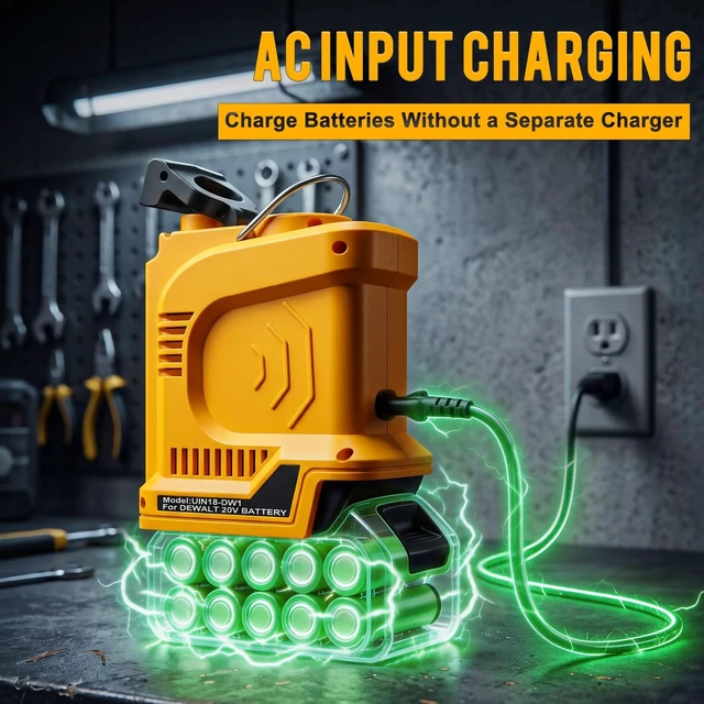 Alt view image 2 of 5 - 180W Portable Power Inverter Compatible with DeWalt 20V Battery, AC Input Dual Charging, 360 LED Light, Battery Gauge, USB-C PD/USB QC 3.0/DC Port/AC Outlet, for Camping, Emergency Use (Tool Only)