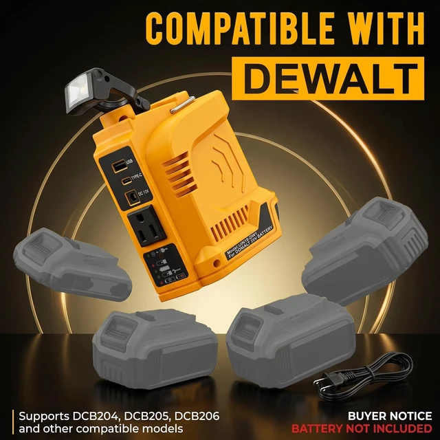 Alt view image 5 of 5 - 180W Portable Power Inverter Compatible with DeWalt 20V Battery, AC Input Dual Charging, 360 LED Light, Battery Gauge, USB-C PD/USB QC 3.0/DC Port/AC Outlet, for Camping, Emergency Use (Tool Only)