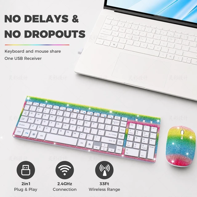 Alt view image 2 of 5 - Dazzling Luxury Cute Keyboard and Mouse Wireless, Sparkly Bling Rhinestone Wireless Mouse and Keyboard Gift SetRainbow