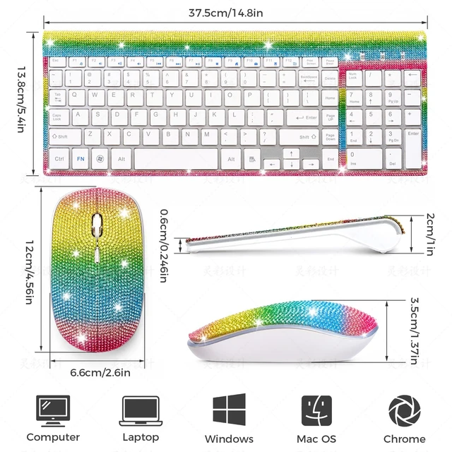 Alt view image 5 of 5 - Dazzling Luxury Cute Keyboard and Mouse Wireless, Sparkly Bling Rhinestone Wireless Mouse and Keyboard Gift SetRainbow