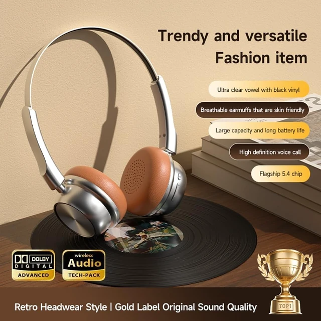 Alt view image 2 of 5 - CR-20 Retro Bluetooth 5.4 Over-Ear Headphones, 14Hr Playtime, ENC Noise Reduction, White (Silver Brown)