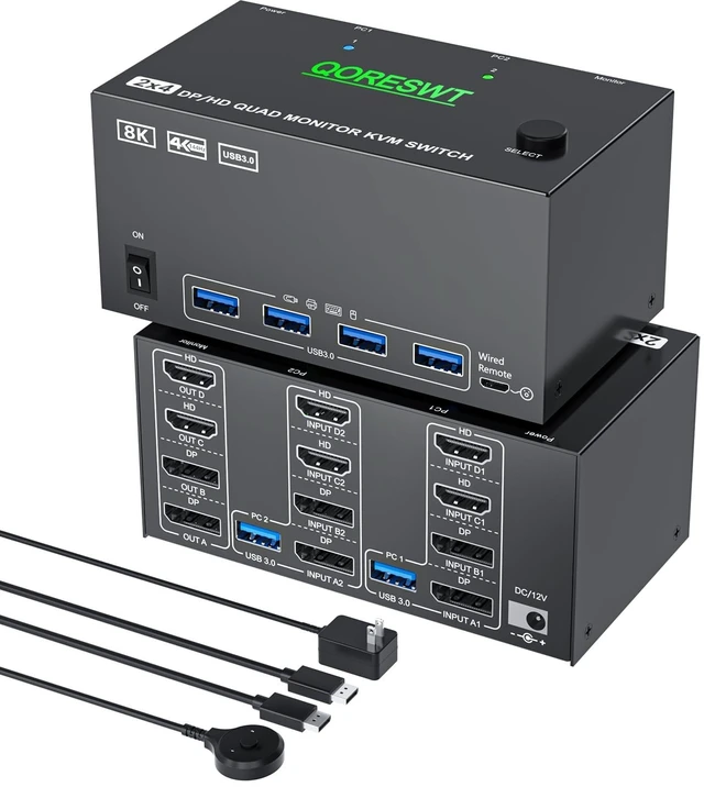 Main image of KVM Switch for 4 Monitors 2 Computers, Quad Monitor KVM Switcher for 4 PC,