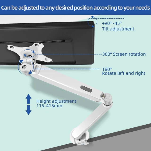 Alt view image 2 of 5 - HILLPORT White Monitor Arm - Full Motion Single Desk Mount for 17-34in