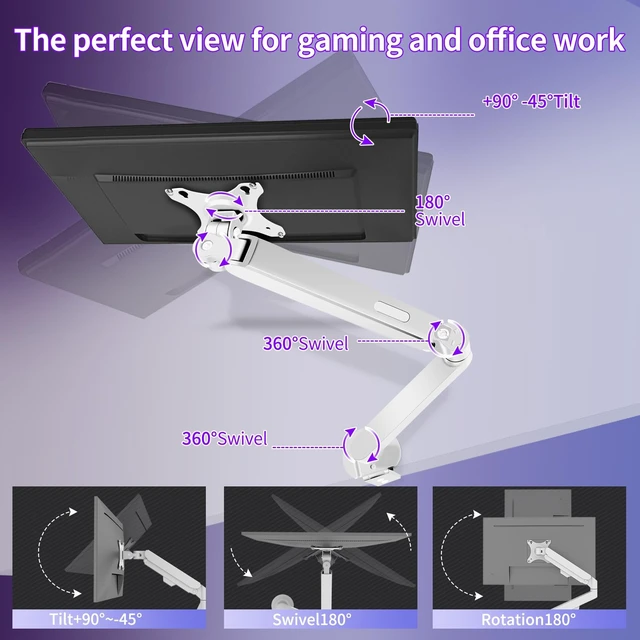 Alt view image 3 of 5 - HILLPORT White Monitor Arm - Full Motion Single Desk Mount for 17-34in