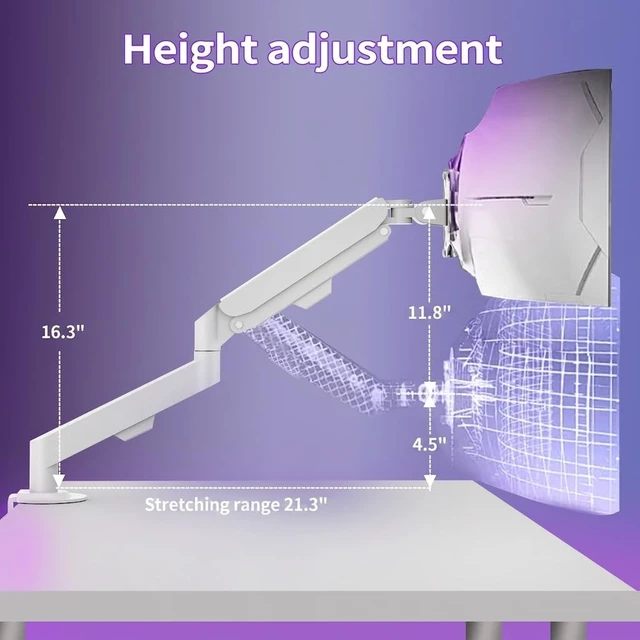Alt view image 5 of 5 - HILLPORT White Monitor Arm - Full Motion Single Desk Mount for 17-34in