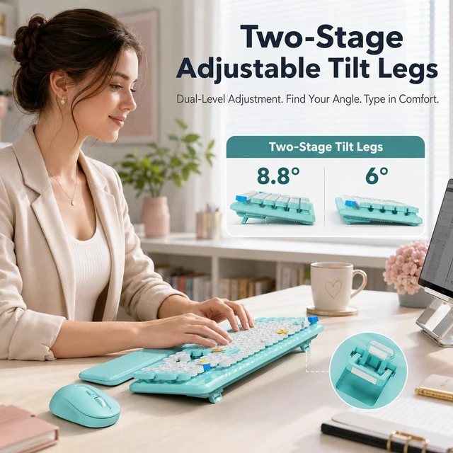 Alt view image 4 of 5 - Wireless Keyboard and Mouse Combo, Pale Turquoise, Magnetic Wrist Rest