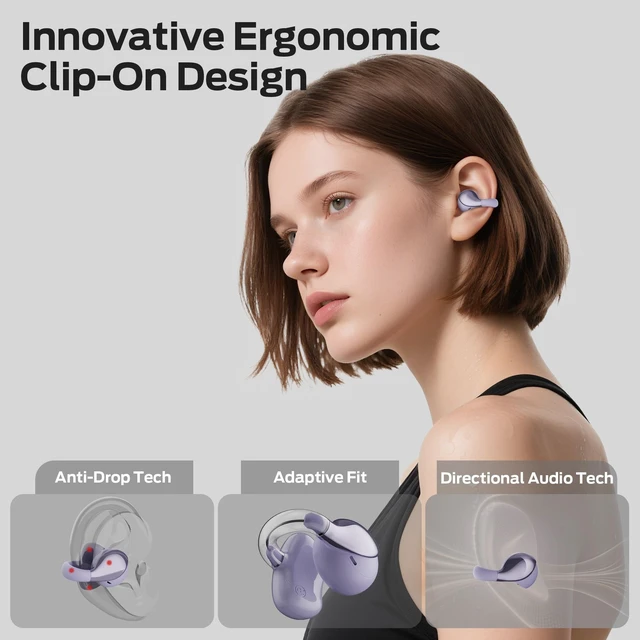 Alt view image 2 of 5 - Oraolo Open Ear AC225 Headphones, Bluetooth 6.0 Wireless Earbuds, Stereo Sound, Lightweight Comfort Clip-On Earbuds with ENC Mic for Clear Calls, 36H Playtime, Touch Control, IPX6 Waterproof, P