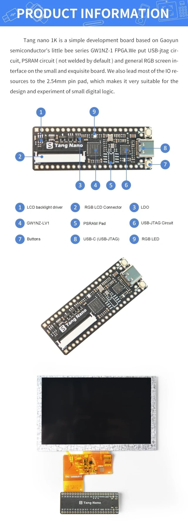 Alt view image 3 of 5 - Sipeed Tang Nano 1K FPGA Development Board, GW1NZ-LV1 1152 LUT4 Onboard USB-JTAG Type-C 27MHz Oscillator RGB LCD VGA Support All IO Expanded, Compact Entry-Level Learning Kit for Student Maker