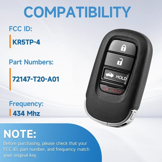 Alt view image 3 of 5 - Key Fob Replacement Remote Fits for Honda Civic Accord 2022-2024 Proximity Keyless Entry Smart Remote Control 434Mhz KR5TP-4 72147-T20-A01