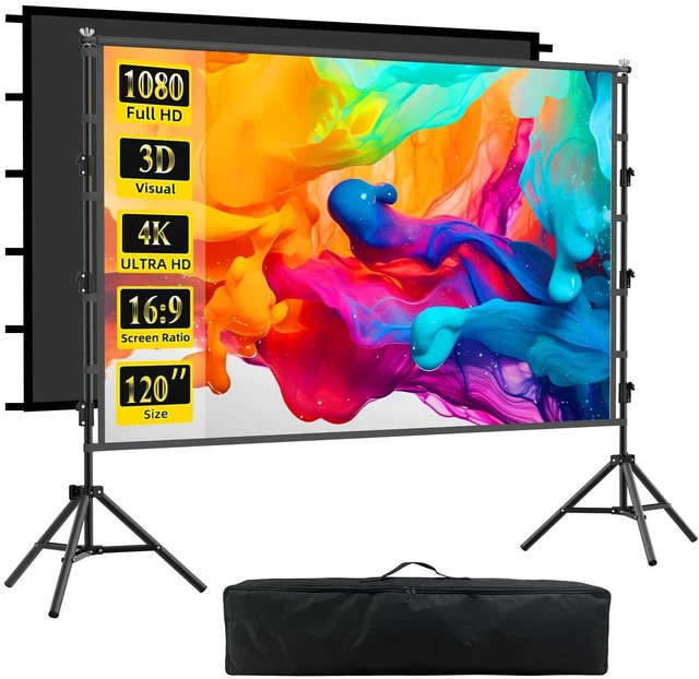 Main image of Outdoor Projector Screen with Stand, 120 inch Indoor Movie Screen 16:9 4K Rear Front Portable Projection Screen, Quick Setup Foldable Travel Home Theater Screen with Carry Bag for Backyard Camping