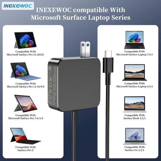 Alt view image 4 of 5 - INEXEWOC 65W USB C Charger Compatible with Microsoft Surface Pro 12 (2025) 11 10 9 8 7 6 5 4 3, Surface Pro X, Surface Laptop 7 6 5 4 3 2 1, Surface Book 3 2 1, Surface Go 3 2 1 Power Adapter
