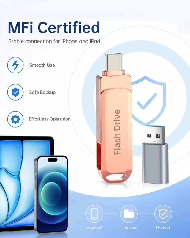 Alt view image 4 of 5 - 256GB MFi Certified Photo Stick for iPhone Flash Drive, 3 in 1 USB Memory Stick Thumb Drive(Pink) for iPhone/iPad/Android/Mac/PC, Picture Keeper for Photos & Files Storage with ~244GB Available Space