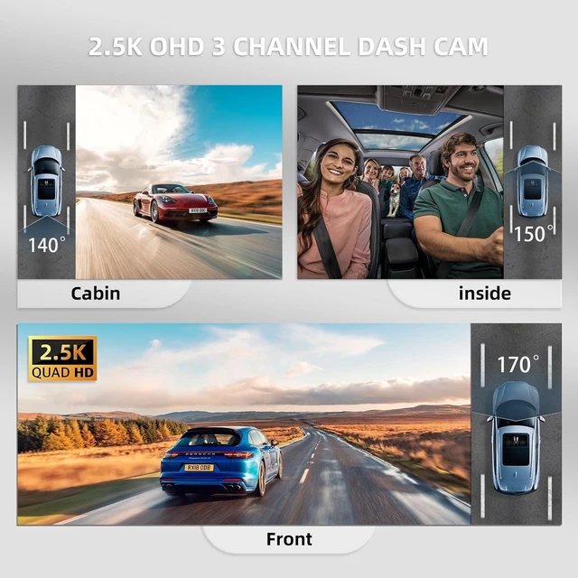 Alt view image 5 of 5 - 3 Channel Dash Cam Front and Rear Inside, Triple Dash Camera for Cars, 2.5K UHD Dash Cam, 3.18" IPS Large Screen, IR Night Vision, 24/7 Recording Parking Mode Monitor, Free 64G SD Card