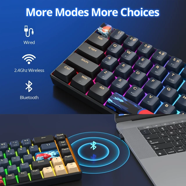 Alt view image 3 of 5 - Ussixchare Wireless Gaming Keyboard, 65% Hot Swappable Mechanical Keyboard with RGB Backlit,Yellow Switch, PBT Keycaps Tri-Mode 2.4G/Bluetooth 5.0/Type-C for PC Laptop Gamer(68 Blue Samurai)