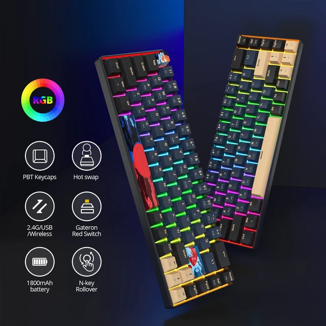 Alt view image 4 of 5 - Ussixchare Wireless Gaming Keyboard, 65% Hot Swappable Mechanical Keyboard with RGB Backlit,Yellow Switch, PBT Keycaps Tri-Mode 2.4G/Bluetooth 5.0/Type-C for PC Laptop Gamer(68 Blue Samurai)