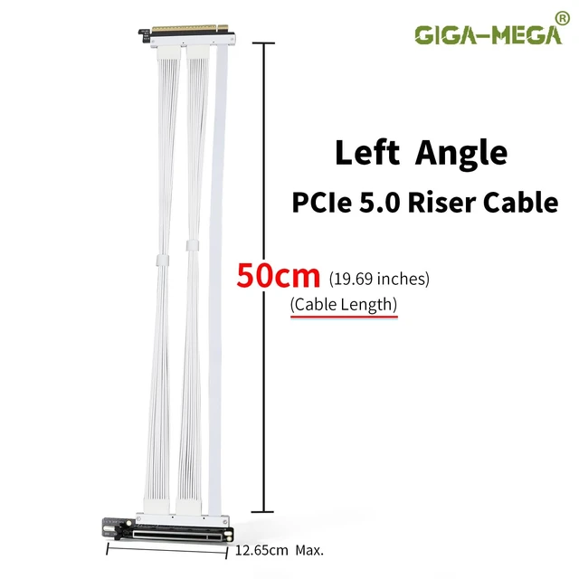 Alt view image 2 of 5 - GIGA-MEGA PCIe 5.0 X16 Riser Cable Right Angle Left Angle Straight Flexible Bundle Cable for AI Server 50-60 CM Length Black and White (White, Left Angle 50cm)