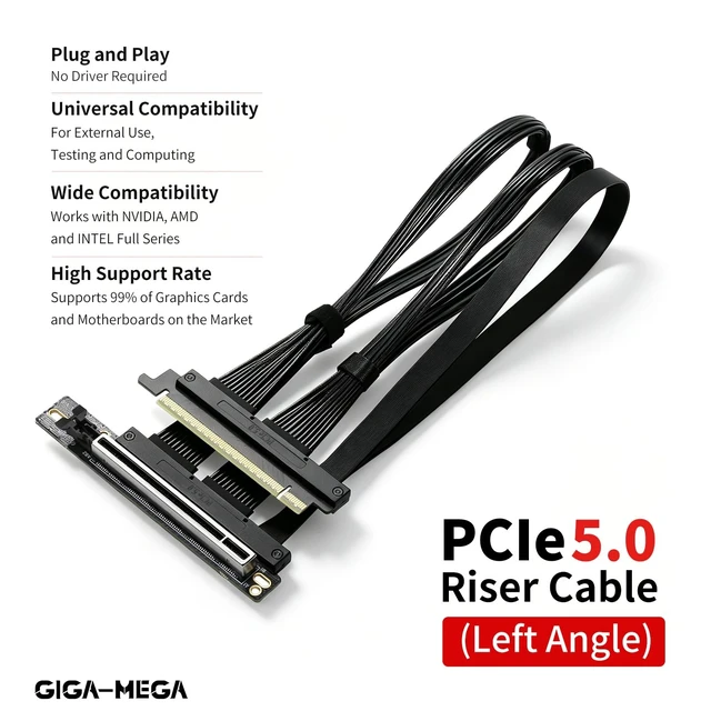 Alt view image 3 of 5 - GIGA-MEGA PCIe 5.0 X16 Riser Cable Right Angle Left Angle Straight Flexible Bundle Cable for AI Server 50-60 CM Length Black and White (White, Left Angle 50cm)