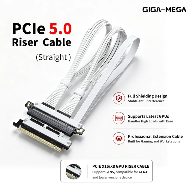 Alt view image 5 of 5 - GIGA-MEGA PCIe 5.0 X16 Riser Cable Right Angle Left Angle Straight Flexible Bundle Cable for AI Server 50-60 CM Length Black and White (White, Left Angle 50cm)