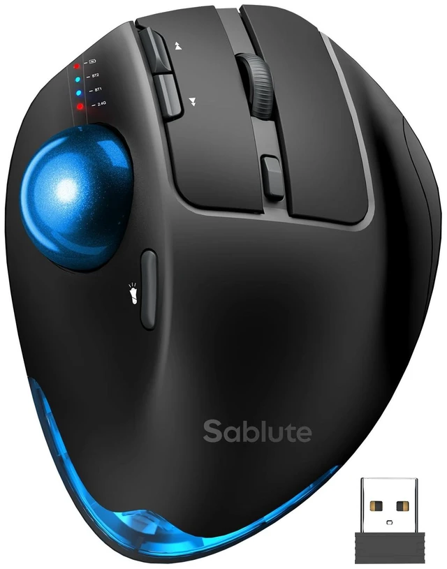 Main image of Wireless Trackball Mouse, Adjustable Angle, Rechargeable, Backlit-Blue Ball