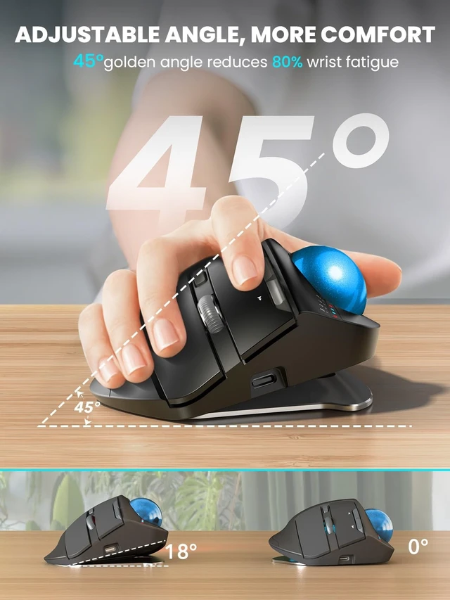 Alt view image 2 of 5 - Wireless Trackball Mouse, Adjustable Angle, Rechargeable, Backlit-Blue Ball