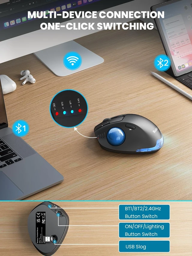 Alt view image 4 of 5 - Wireless Trackball Mouse, Adjustable Angle, Rechargeable, Backlit-Blue Ball