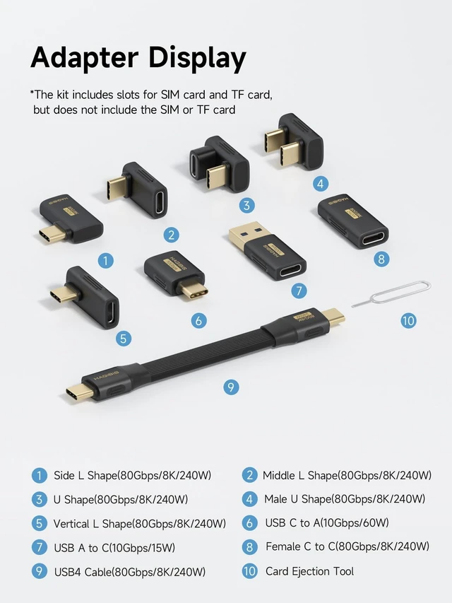 Alt view image 2 of 5 - Hagibis USB-C Adapter Kit, Multifunction 80Gbps 240W 8K@60Hz USB4 V2.0 Type-C Right Angle Adapter 90 Degree Convertor Set Magnetic Storage Case with USB4 Cable and SIM Card Eject Pin