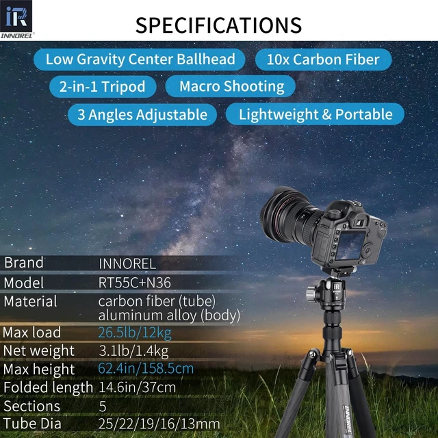 Alt view image 3 of 5 - INNOREL 62 inches 10 Layers Carbon Fiber Camera Tripod Monopod with 360 Degree Low Gravity Center Ball Head, two 1/4 inch Quick Shoe Plates, Carry Bag for DSLR, Video, Load up to 26 pounds (RT55C+N36)