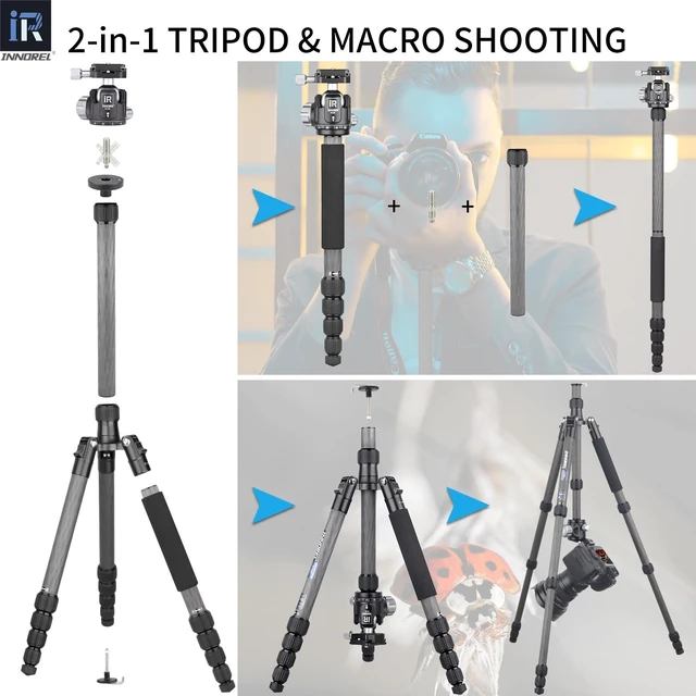 Alt view image 5 of 5 - INNOREL 62 inches 10 Layers Carbon Fiber Camera Tripod Monopod with 360 Degree Low Gravity Center Ball Head, two 1/4 inch Quick Shoe Plates, Carry Bag for DSLR, Video, Load up to 26 pounds (RT55C+N36)