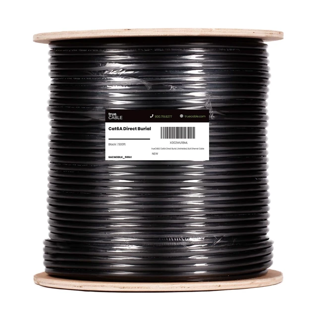 Alt view image 2 of 4 - TRUE CABLE Cat6A Direct Burial Bulk Ethernet Cable, 500ft, Black, Waterproof, Outdoor Rated OSP, 23AWG Solid Bare Copper, 750MHz, PoE++ 100W, Unshielded UTP